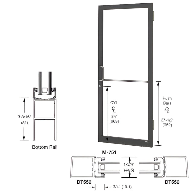 CRL-U.S. Aluminum Bronze Black Anodized 250 Series Narrow Stile (RHR) HRSO Single 3'0 x 7'0 Offset Hung with Butt Hinges for Surf Mount Closer Complete Door Std. MS Lock and Std. Bottom Rail