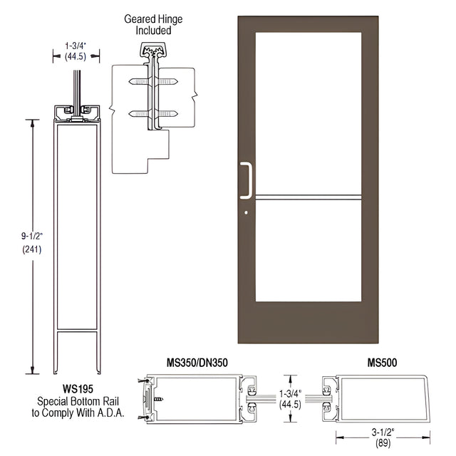 CRL-U.S. Aluminum Bronze Black Anodized 400 Series Medium Stile Active Leaf of Pair 3'0 x 7'0 Offset Hung with Geared Hinged Complete ADA Door for 1" Glass with Lock Indicator, Cyl Guard