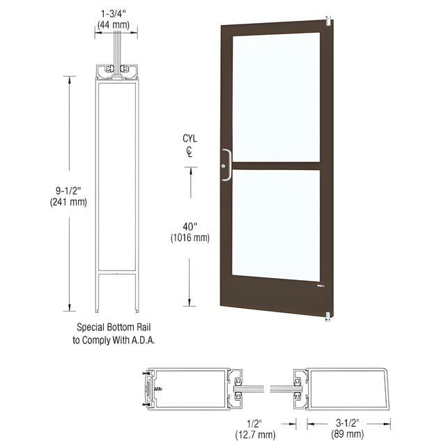 CRL-U.S. Aluminum Bronze Black Anodized 400 Series Medium Stile Active Leaf of Pair 3'0 x 7'0 Offset Hung with Pivots for Surf Mount Closer Complete Panic Door for 1" Glass with Standard Panic and 9-1/2" Bottom Rail