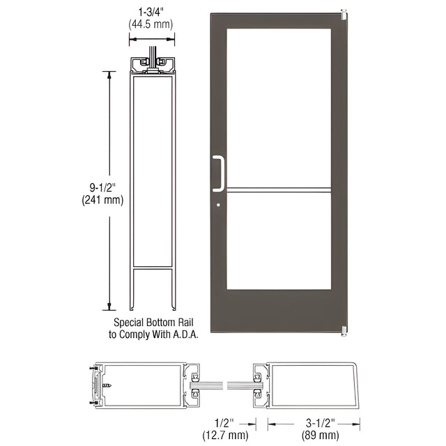 CRL-U.S. Aluminum Bronze Black Anodized 400 Series Medium Stile Active Leaf of Pair 3'0 x 7'0 Offset Hung with Pivots for Surf Mount Closer Complete Door Std. Lock and 9-1/2" Bottom Rail for 1" Glass with Standard MS Lock and Bottom Rail