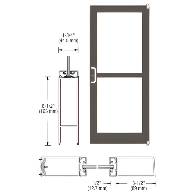 CRL-U.S. Aluminum Bronze Black Anodized 400 Series Medium Stile Active Leaf of Pair 3'0 x 7'0 Offset Hung with Pivots for Surf Mount Closer Complete Panic Door for 1" Glass with Standard MS Lock and Bottom Rail