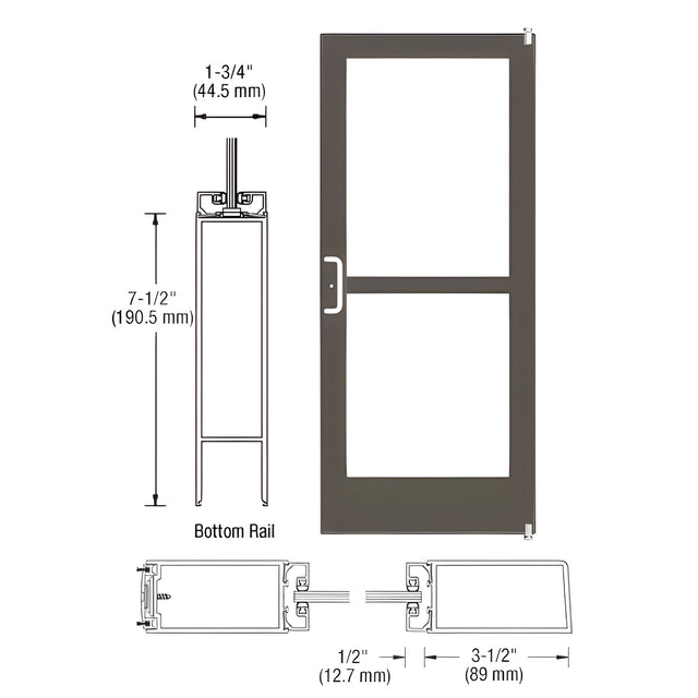 CRL-U.S. Aluminum Bronze Black Anodized 400 Series Medium Stile Active Leaf of Pair 3'0 x 7'0 Offset Hung with Pivots for Surf Mount Closer Complete Panic Door for 1" Glass with Standard Panic and 7-1/2" Bottom Rail