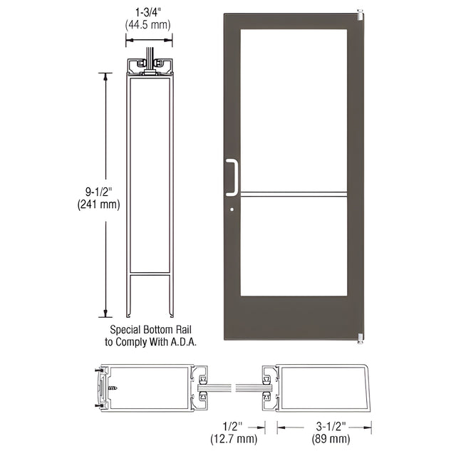 CRL-U.S. Aluminum Bronze Black Anodized 400 Series Medium Stile Active Leaf of Pair 3'0 x 7'0 Offset Hung with Pivots for Surf Mount Closer Complete ADA Door(s) with Lock Indicator, Cyl Guard