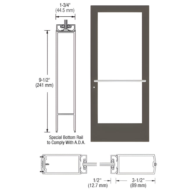 CRL-U.S. Aluminum Bronze Black Anodized 400 Series Medium Stile Active Leaf of Pair 3'0 x 7'0 Center Hung for OHCC w/Standard Push Bars Complete ADA Door(s) with Lock Indicator, Cyl Guard
