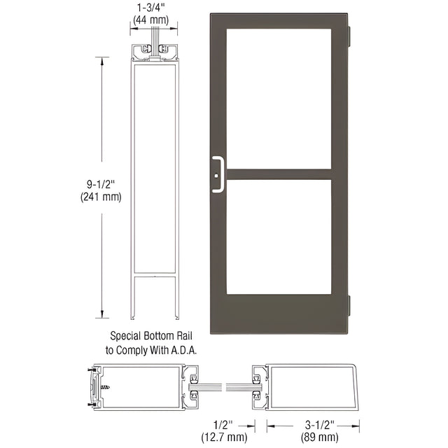 CRL-U.S. Aluminum Bronze Black Anodized 400 Series Medium Stile Active Leaf of Pair 3'0 x 7'0 Offset Hung with Butt Hinges for Surf Mount Closer Complete Panic Door with Std. Panic and 9-1/2" Bottom Rail