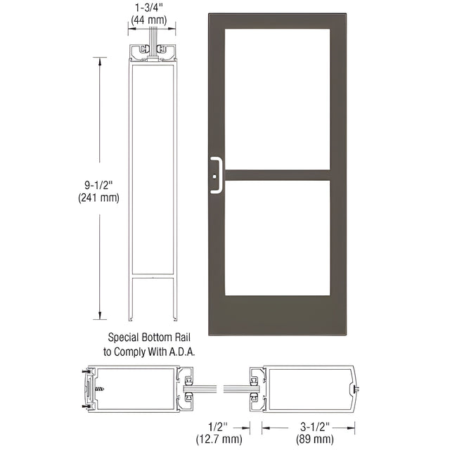 CRL-U.S. Aluminum Bronze Black Anodized 400 Series Medium Stile Active Leaf of Pair 3'0 x 7'0 Center Hung for OHCC w/Standard Push Bars Complete Panic Door with Std. Panic and 9-1/2" Bottom Rail