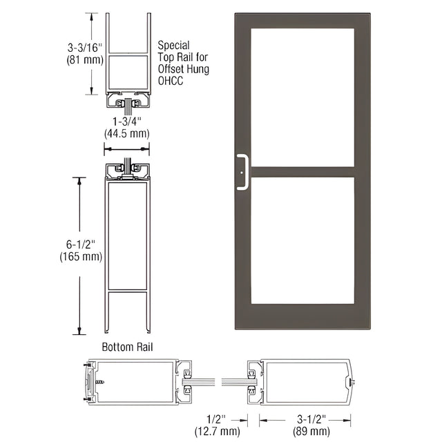 CRL-U.S. Aluminum Bronze Black Anodized 400 Series Medium Stile Active Leaf of Pair 3'0 x 7'0 Center Hung for OHCC w/Standard Push Bars Complete Panic Door with Std. Panic and Bottom Rail