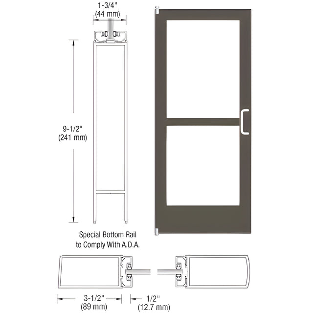 CRL-U.S. Aluminum Bronze Black Anodized 400 Series Medium Stile Inactive Leaf of Pair 3'0 x 7'0 Offset Hung with Pivots for Surf Mount Closer Complete Panic Door for 1" Glass with Standard Panic and 9-1/2" Bottom Rail
