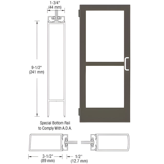 CRL-U.S. Aluminum Bronze Black Anodized 400 Series Medium Stile Inactive Leaf of Pair 3'0 x 7'0 Offset Hung with Butt Hinges for Surf Mount Closer Complete Panic Door for 1" Glass with Standard Panic and 9-1/2" Bottom Rail