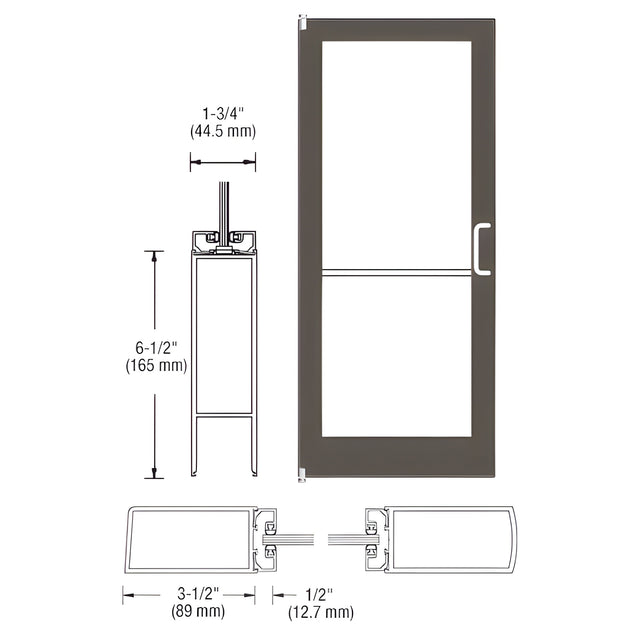 CRL-U.S. Aluminum Bronze Black Anodized 400 Series Medium Stile Inactive Leaf of Pair 3'0 x 7'0 Offset Hung with Pivots for Surface Mount Closer Complete Door for 1" Glass with Standard MS Lock and Bottom Rail