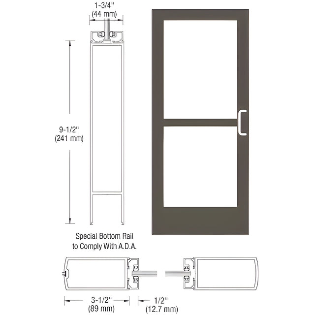 CRL-U.S. Aluminum Bronze Black Anodized 400 Series Medium Stile Inactive Leaf of Pair 3'0 x 7'0 Center Hung for OHCC w/Standard Push Bars Complete Panic Door with Std. Panic and 9-1/2" Bottom Rail