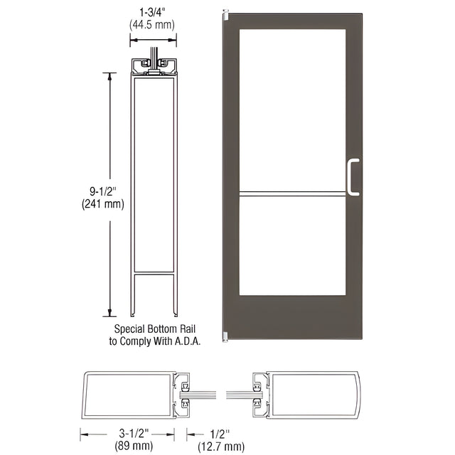 CRL-U.S. Aluminum Bronze Black Anodized 400 Series Medium Stile Inactive Leaf of Pair 3'0 x 7'0 Offset Hung with Pivots for Surf Mount Closer Complete Door Std. Lock and 9-1/2" Bottom Rail
