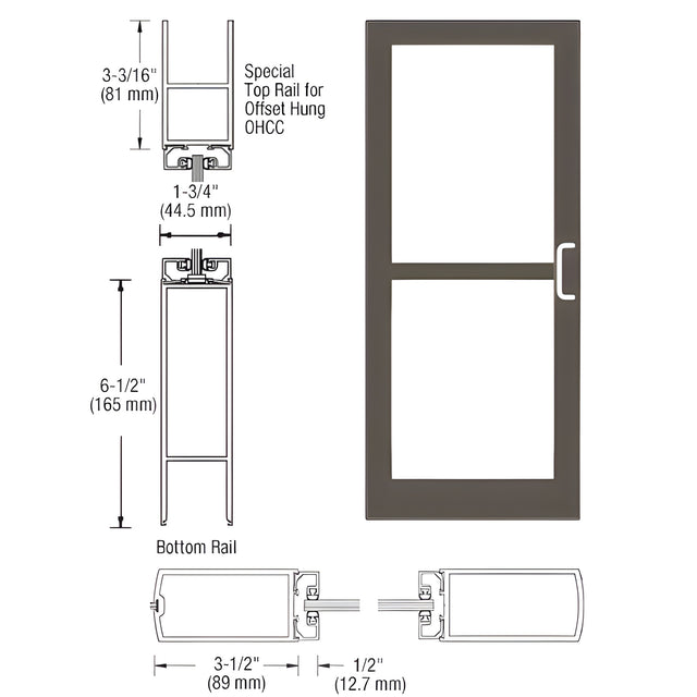 CRL-U.S. Aluminum Bronze Black Anodized 400 Series Medium Stile Inactive Leaf of Pair 3'0 x 7'0 Center Hung for OHCC w/Standard Push Bars Complete Panic Door with Std. Panic and Bottom Rail