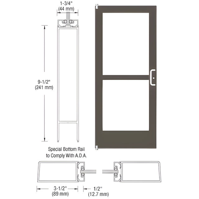 CRL-U.S. Aluminum Bronze Black Anodized 400 Series Medium Stile (LHR) HLSO Single 3'0 x 7'0 Offset Hung with Pivots for Surf Mount Closer Complete Panic Door for 1" Glass with Standard Panic and 9-1/2" Bottom Rail