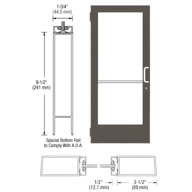 CRL-U.S. Aluminum Bronze Black Anodized 400 Series Medium Stile (LHR) HLSO Single 3'0 x 7'0 Offset Hung with Butt Hinges for Surf Mount Closer Complete Door Std. Lock and 9-1/2" Bottom Rail for 1" Glass with Standard MS Lock and Bottom Rail