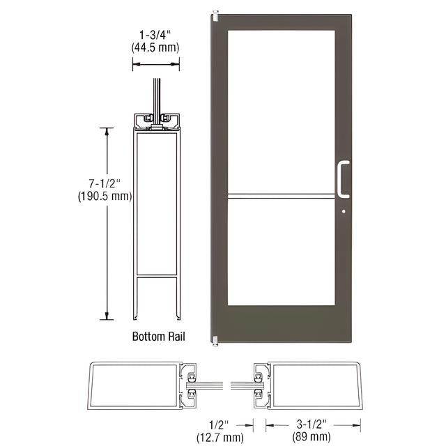 CRL-U.S. Aluminum Bronze Black Anodized 400 Series Medium Stile (LHR) HLSO Single 3'0 x 7'0 Offset Hung with Pivots for Surf Mount Closer Complete Door for 1" Glass with Standard MS Lock, 7-1/2" Standard Bottom Rail