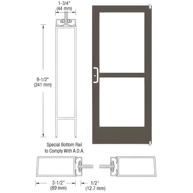 CRL-U.S. Aluminum Bronze Black Anodized 400 Series Medium Stile (RHR) HRSO Single 3'0 x 7'0 Offset Hung with Pivots for Surf Mount Closer Complete Panic Door with Std. Panic and 9-1/2" Bottom Rail