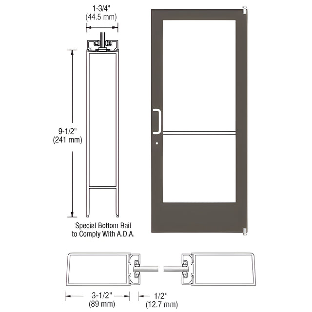 CRL-U.S. Aluminum Bronze Black Anodized 400 Series Medium Stile (RHR) HRSO Single 3'0 x 7'0 Offset Hung with Pivots for Surf Mount Closer Complete Door Std. Lock and 9-1/2" Bottom Rail