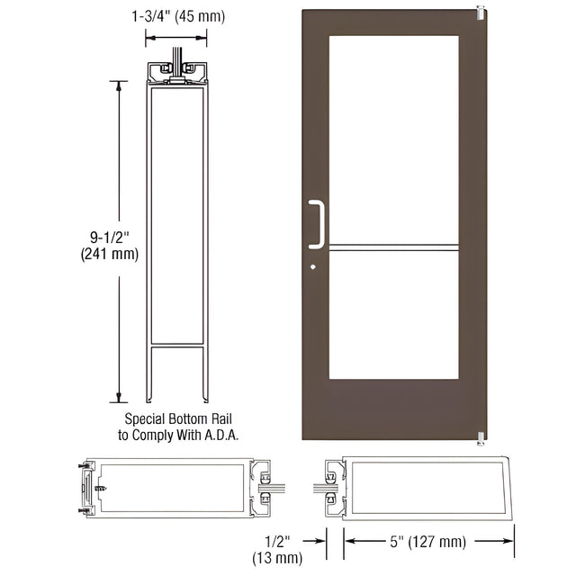 CRL-U.S. Aluminum Bronze Black Anodized 550 Series Wide Stile Active Leaf of Pair 3'0 x 7'0 Offset Hung with Pivots for Surf Mount Closer Complete ADA Door for 1" Glass with Lock Indicator, Cylinder Guard