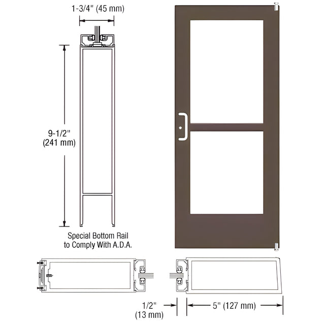 CRL-U.S. Aluminum Bronze Black Anodized 550 Series Wide Stile Active Leaf of Pair 3'0 x 7'0 Offset Hung with Pivots for Surf Mount Closer Complete Panic Door for 1" Glass with Standard Panic and 9-1/2" Bottom Rail