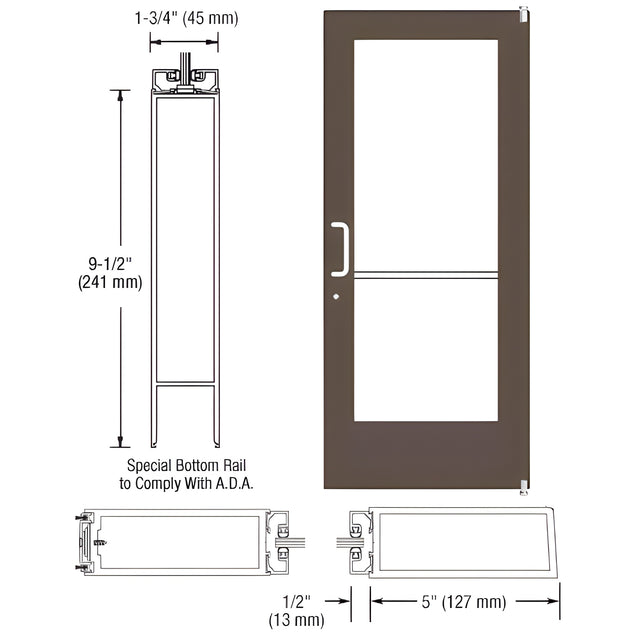 CRL-U.S. Aluminum Bronze Black Anodized 550 Series Wide Stile Active Leaf of Pair 3'0 x 7'0 Offset Hung with Pivots for Surf Mount Closer Complete Door Std. Lock and 9-1/2" Bottom Rail for 1" Glass with Standard MS Lock and Bottom Rail