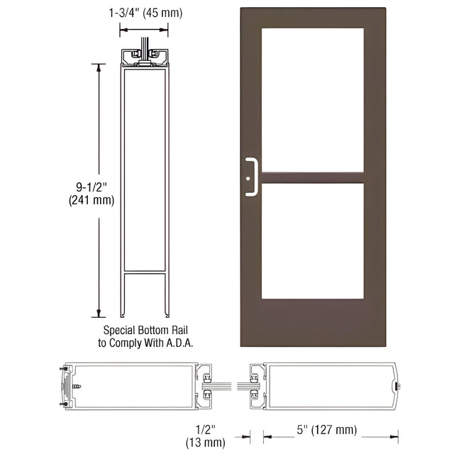 CRL-U.S. Aluminum Bronze Black Anodized 550 Series Wide Stile Active Leaf of Pair 3'0 x 7'0 Center Hung for OHCC w/Standard Push Bars Complete Panic Door with Std. Panic and 9-1/2" Bottom Rail
