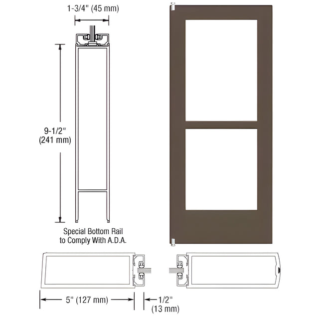 CRL-U.S. Aluminum Bronze Black Anodized 550 Series Wide Stile Inactive Leaf of Pair 3'0 x 7'0 Offset Hung with Pivots for Surf Mount Closer Complete Panic Door with Std. Panic and 9-1/2" Bottom Rail