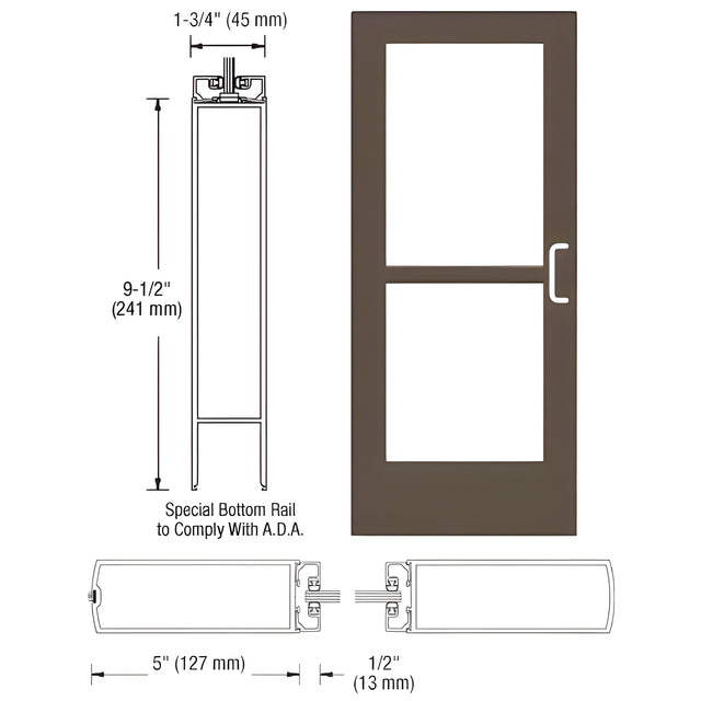 CRL-U.S. Aluminum Bronze Black Anodized 550 Series Wide Stile Inactive Leaf of Pair 3'0 x 7'0 Center Hung for OHCC w/Standard Push Bars Complete Panic Door with Std. Panic and 9-1/2" Bottom Rail