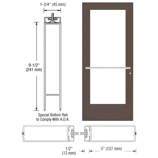 CRL-U.S. Aluminum Bronze Black Anodized 550 Series Wide Stile (LHR) HLSO Single 3'0 x 7'0 Center Hung for OHCC w/Standard Push Bars Complete ADA Door(s) with Lock Indicator, Cyl Guard