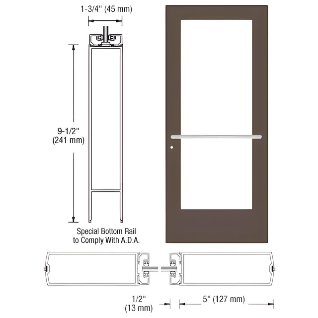 CRL-U.S. Aluminum Bronze Black Anodized 550 Series Wide Stile (RHR) HRSO Single 3'0 x 7'0 Center Hung for OHCC w/Standard Push Bars Complete ADA Door(s) with Lock Indicator, Cyl Guard