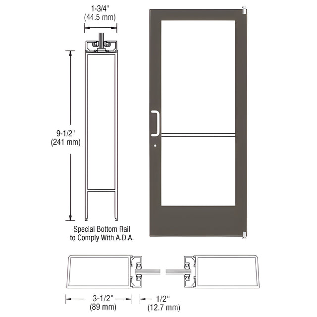 CRL-U.S. Aluminum Bronze Black Anodized Complete ADA Door With Lock, and Cylinder Medium Stile 3'0 x 7'0 (RHR) HRSO Offset Hung with Pivots Single - for 1" Glass