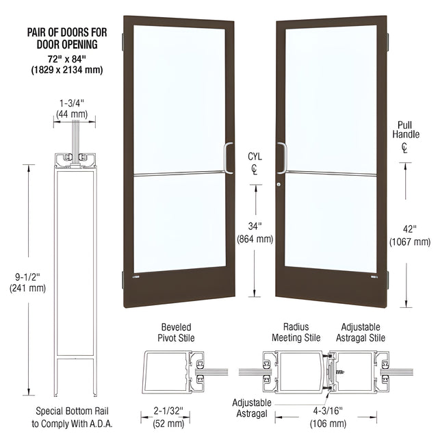 CRL-U.S. Aluminum Bronze Black Anodized Custom Pair 72" x 84" Series 250 Narrow Stile Butt Hinge Entrance Door