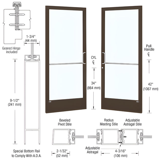 CRL-U.S. Aluminum Bronze Black Anodized Custom Pair 72" x 84" Series 250 Narrow Stile Gear Hinge Entrance Door