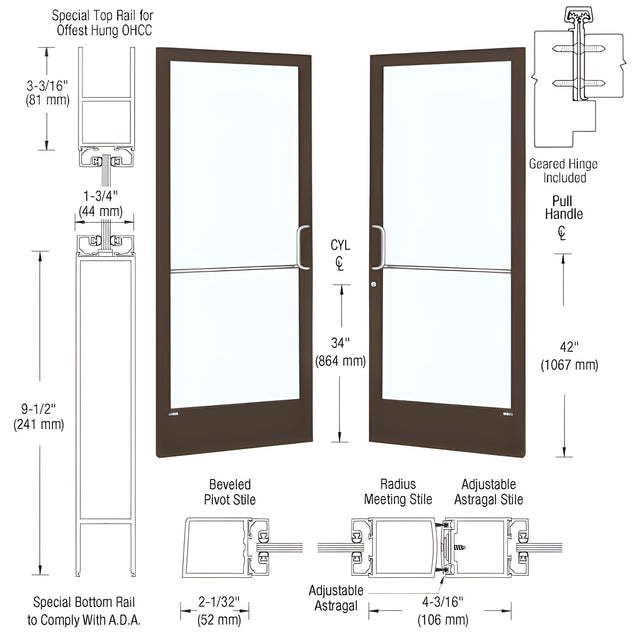 CRL-U.S. Aluminum Bronze Black Anodized Custom Pair 72" x 84" Series 250 Narrow Stile Gear Hinge Entrance Door