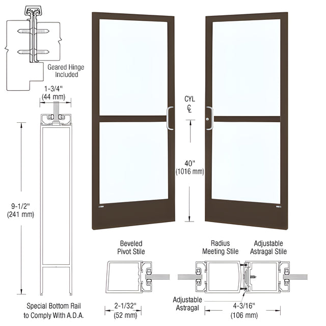 CRL-U.S. Aluminum Bronze Black Anodized Custom Pair 72" x 84" Series 250 Narrow Stile Gear Hinge Entrance Door