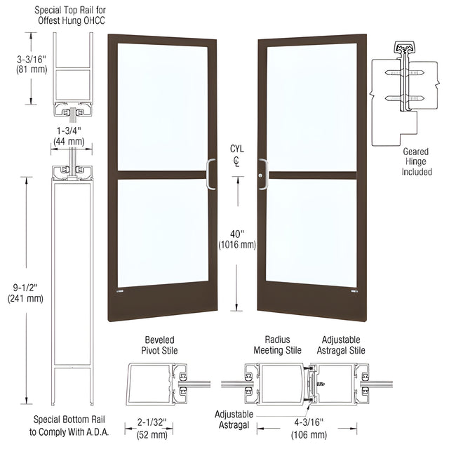 CRL-U.S. Aluminum Bronze Black Anodized Custom Pair 72" x 84" Series 250 Narrow Stile Gear Hinge Entrance Door for OHCC