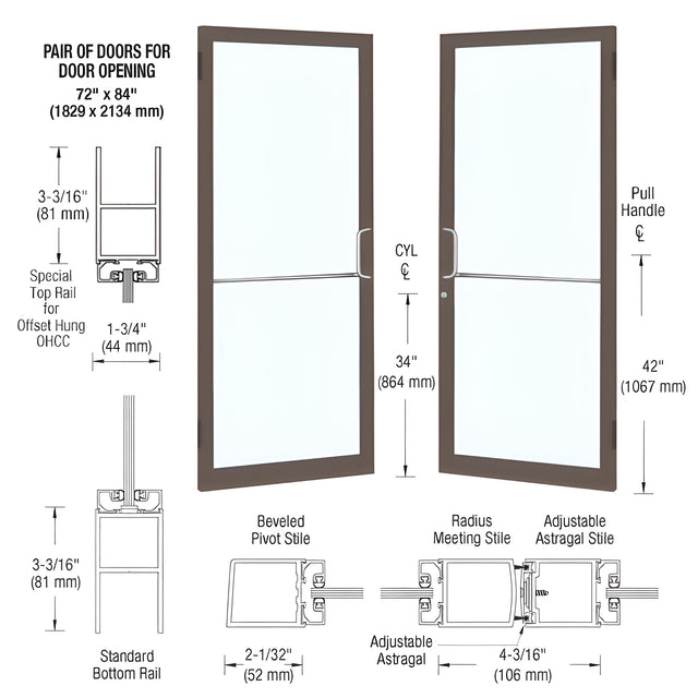 CRL-U.S. Aluminum Bronze Black Anodized Custom Pair 72" x 84" Series 250 Narrow Stile Butt Hinge Entrance Door for OHCC