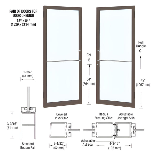 CRL-U.S. Aluminum Bronze Black Anodized Custom Pair 72" x 84" Series 250 Narrow Stile Butt Hinge Entrance Door