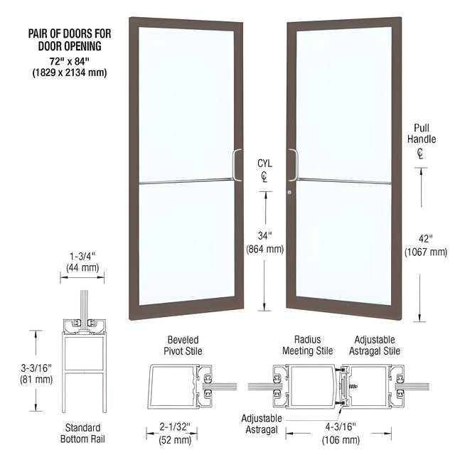 CRL-U.S. Aluminum Bronze Black Anodized Custom Pair 72" x 84" Series 250 Narrow Stile Gear Hinge Entrance Door