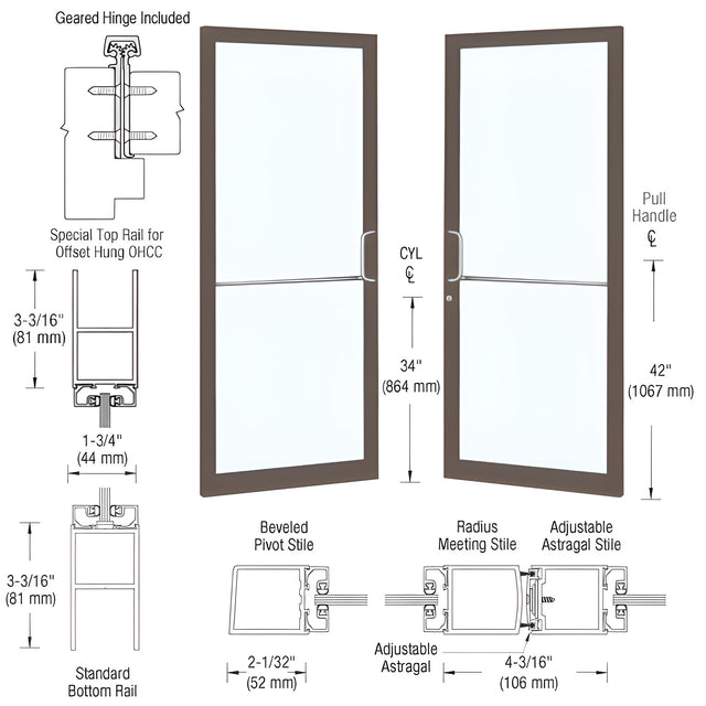 CRL-U.S. Aluminum Bronze Black Anodized Custom Pair 72" x 84" Series 250 Narrow Stile Gear Hinge Entrance Door for OHCC