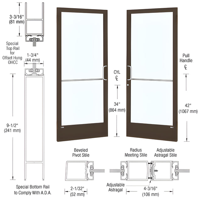 CRL-U.S. Aluminum Bronze Black Anodized Custom Pair 72" x 84" Series 250 Narrow Stile Butt Hinge Entrance Door for OHCC