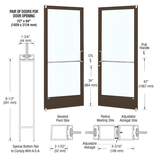 CRL-U.S. Aluminum Bronze Black Anodized Custom Pair Series 250 Narrow Stile Offset Pivot Entrance Doors for Surface Mount Door Closers