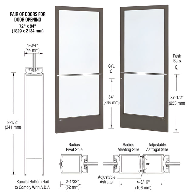 CRL-U.S. Aluminum Bronze Black Anodized Custom Pair Series 250 Narrow Stile Center Pivot Entrance Doors for Overhead Concealed Door Closers
