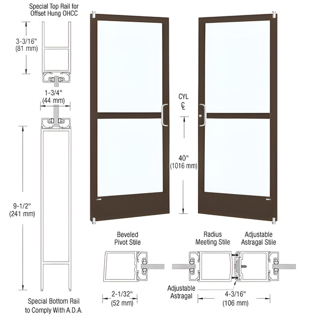 CRL-U.S. Aluminum Bronze Black Anodized Custom Pair Series 250 Narrow Stile Offset Pivot Entrance Doors With Panics for Overhead Concealed Door Closers