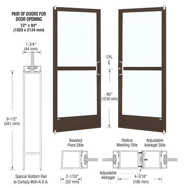 CRL-U.S. Aluminum Bronze Black Anodized Custom Pair Series 250 Narrow Stile Offset Pivot Entrance Doors With Panics for Surface Mount Door Closers