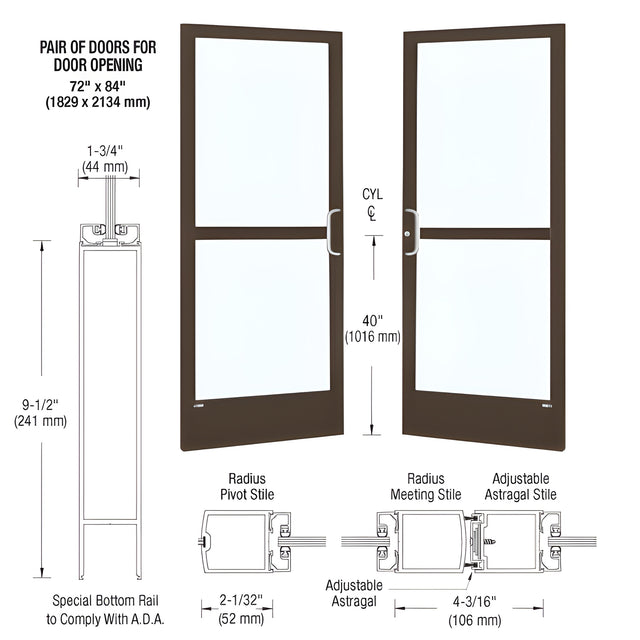 CRL-U.S. Aluminum Bronze Black Anodized Custom Pair Series 250 Narrow Stile Center Pivot Entrance Doors With Panics for Overhead Concealed Door Closers