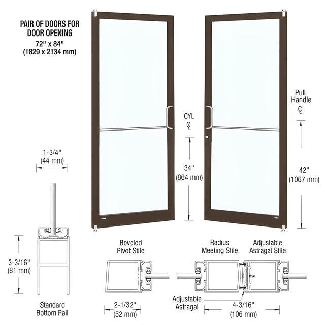 CRL-U.S. Aluminum Bronze Black Anodized Custom Pair Series 250 Narrow Stile Offset Pivot Entrance Doors for Surface Mount Door Closers