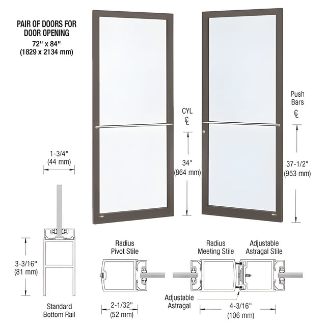 CRL-U.S. Aluminum Bronze Black Anodized Custom Pair Series 250 Narrow Stile Center Pivot Entrance Doors for Overhead Concealed Door Closers