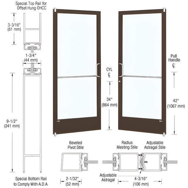 CRL-U.S. Aluminum Bronze Black Anodized Custom Pair Series 250 Narrow Stile Offset Pivot Entrance Door for Overhead Concealed Door Closers