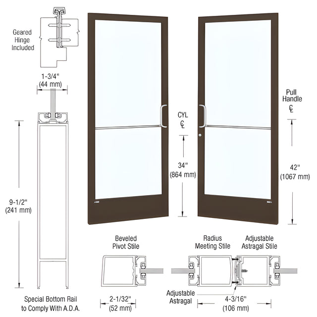 CRL-U.S. Aluminum Bronze Black Anodized Custom Pair Series 250 Narrow Stile Geared Hinge Entrance Doors With ADA Bottom Rail for Surface Mount Door Closers